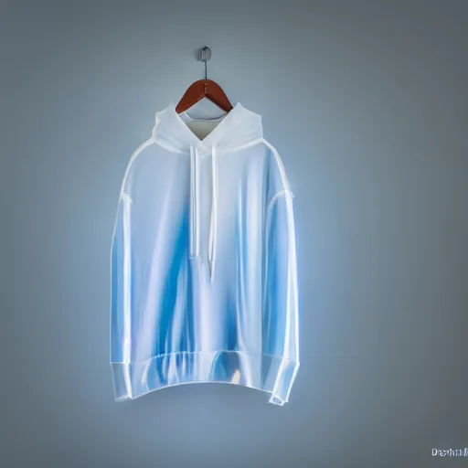 Image similar to an ultra high definition professional studio quality photograph of a transparent iridescent perspex pastel coloured hoodie on white coat hook in an empty white room. dramatic lighting, ray tracing, refraction, shallow d. o. f, colour corrected, golden ratio, three point light. volumetric shadows. god rays.