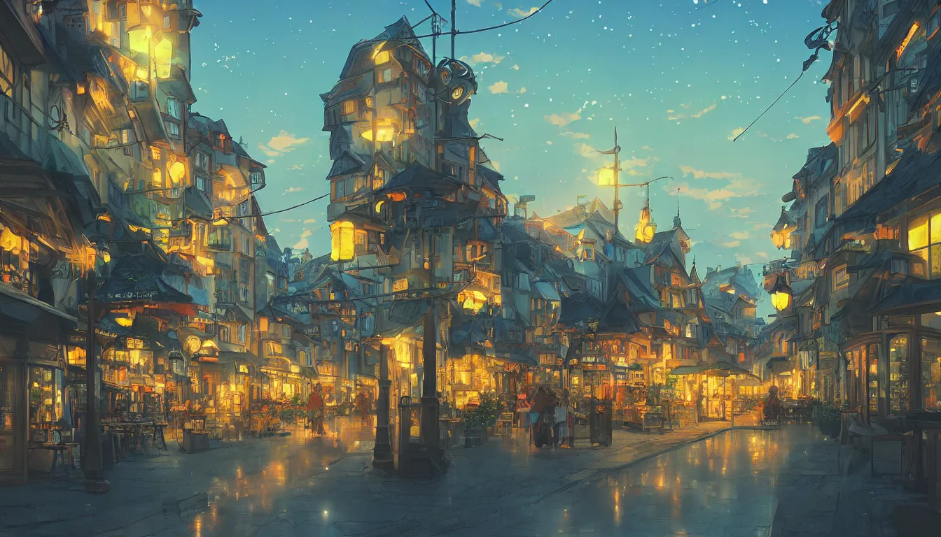 Prompt: dream fantasy in little european town, magic, lanscape, modern, night, dusk, neon lights, perspective, street view, art by makoto shinkai