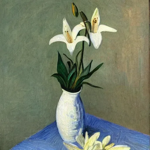 Image similar to white lilies in vase on table, natural lighting, painting by vincent van gough