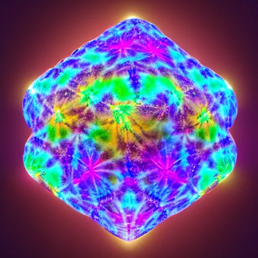 Prompt: a hyperrealistic 3D render of a dodecahedron made entirely of tie dyed Mandelbrot fractals, 8k, 4K, glowing, neon, dramatic lighting, volumetric lighting, octane render,