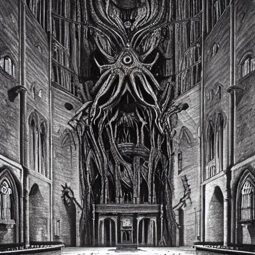 Image similar to monstrous and twisted cathedral with an altar that has a statue to many eyed and four armed cthulhu. in the style of hr giger and zdzisław beksinski piranesi gloom misty glow oil painting biomechanical