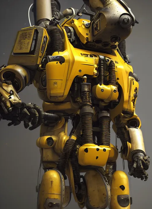 Prompt: a photorealistic dramatic hyperrealistic render of a futuristic exosuit power loader heavy machinery, ultra realistic details, glossy yellow, well worn, rust, oil stains by vitaly bulgarov and mike nash, beautiful dramatic dark moody tones and lighting, cinematic atmosphere, studio lighting, shadows, dark background, octane render, 8 k