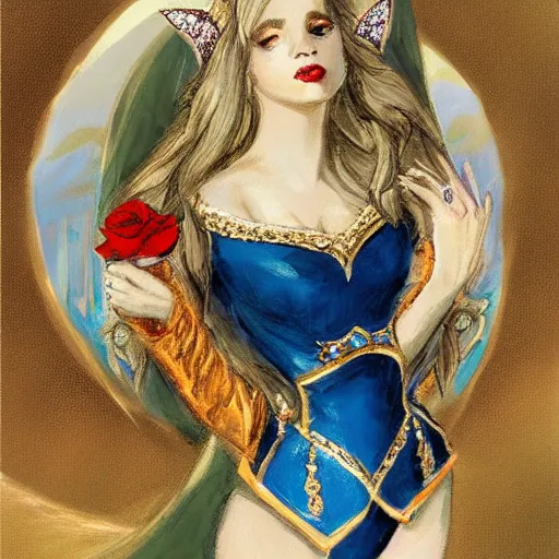 Prompt: jaw - dropping elven princess elegantly dancing in front of a ring of sapphire rose ring, ornate gold border, vignette, warm tri - color, subtle chromatic aberration, painted by francis goya