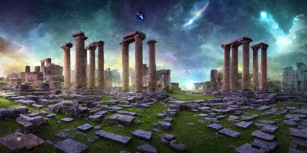 Prompt: ancient city ruins with cubes of water where you can see colorful stars in space through them floating around, matte painting, concept art, cinematic 4 k