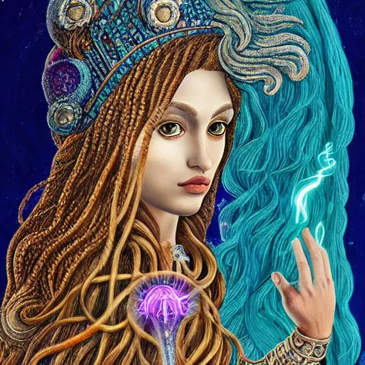 Image similar to intricate details, hyper detailed, mystic alchemical occult art, sumerian goddess inanna ishtar, ashteroth, techno mystic goddess princess intergalactica, with aqua neon rapunzel dreadlocks, detailed, wearing seashell attire, crystal pathway on the sea to atlantis, by sandro botticelli