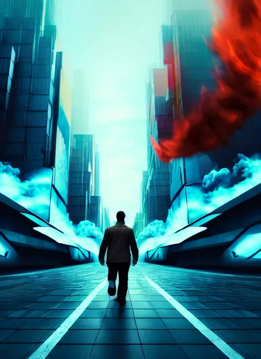 Image similar to portrait of a man with head of flames, walks happily down the street in a futuristic cyberpunk city, the sky is a turquoise blue with beautiful white fluffy clouds, hyper realism volumetric lighting