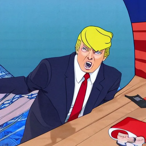 Image similar to Donald Trump as an anime character from Studio Ghibli