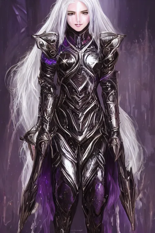 Image similar to portrait evilly white hair knights of Zodiac girl, metalic deep purple and black reflected armor, in ruined Agora of Athens thunder sparkling flash night, ssci-fi, fantasy, intricate, very very beautiful, elegant, highly detailed, digital painting, artstation, concept art, smooth, sharp focus, illustration, art by tian zi and WLOP and alphonse mucha