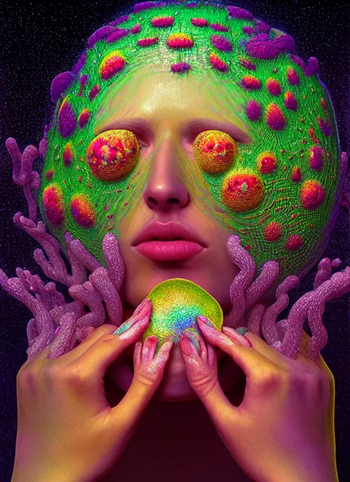 Prompt: hyper detailed 3d render like a Oil painting - Aurora (gilded faced Singer) seen Eating of the Strangling network of yellowcake aerochrome and milky Fruit and Her delicate Hands hold of gossamer polyp blossoms bring iridescent fungal flowers whose spores black out the foolish stars by Jacek Yerka, Mariusz Lewandowski, Houdini algorithmic generative render, Abstract brush strokes, Masterpiece, Edward Hopper and James Gilleard, Zdzislaw Beksinski, Mark Ryden, Wolfgang Lettl, hints of Yayoi Kasuma, octane render, 8k