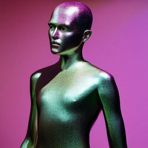 Prompt: a holographic athletic metal manequin, photographed by erwin olaf