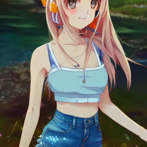 Prompt: a very beautiful anime girl, full body, long golden hair, sky blue eyes, full round face, short smile, short mini jeans skirt, cute top, summer lake setting, cinematic lighting, medium shot, mid-shot, highly detailed, trending on Artstation, Unreal Engine 4k, cinematic wallpaper by Stanley Artgerm Lau, WLOP, Rossdraws, James Jean, Andrei Riabovitchev, Marc Simonetti, and Sakimichan