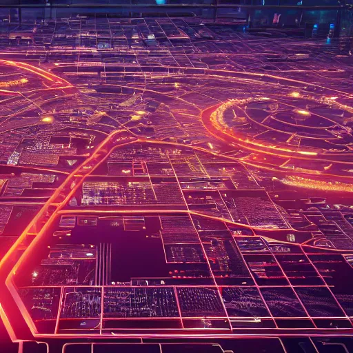 Image similar to photo of a futuristic city in a dystopian future made of electronic components and looks like a giant pcb board. Very detailed 8k. Unreal engine 5 render with nanite, global illumination and path tracing. Cinematic post processing. Emphasize on the colors red and black.