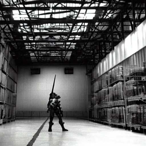 Image similar to metal gear weapon in a warehouse, dramatic shot, 1 9 8 7, movie still