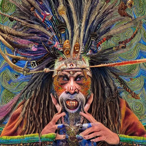Prompt: a high hyper - detailed painting with complex textures, of an oriental shaman with tangled hair and a terrifying mask, wears a tunic vs. barefoot and has a cane, he is performing a ritual to access the world of imagination and dreams, cosmic horror spiritual visionsrio psychedelic weird bizarre art