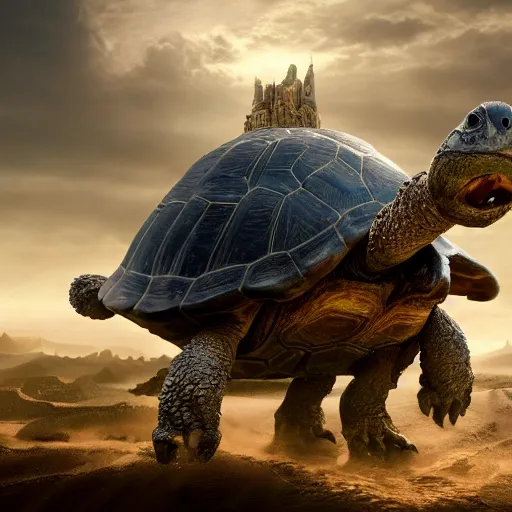 Prompt: gargantuan tortoise with a large fantasy castle armor walking through a sandy wasteland, howls moving castle, mortal engines, mid - distant shot centered birds eye view, fantasy, hyper detailed, 4 k