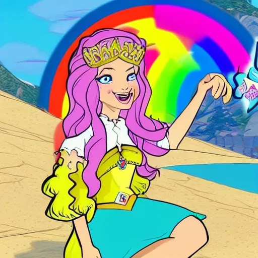 Prompt: a princess with extremely long blond hair from a cartoon riding a unicorn over a rainbow drawn as gta