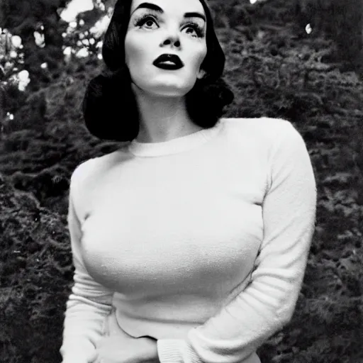 Prompt: an analog Kodak brownie portrait pin-up photography of a 1960s glamour model, Bettie Paige resemblance, white sweater, subdued colors, 120mm film, film grain, hq, detailed, realistic