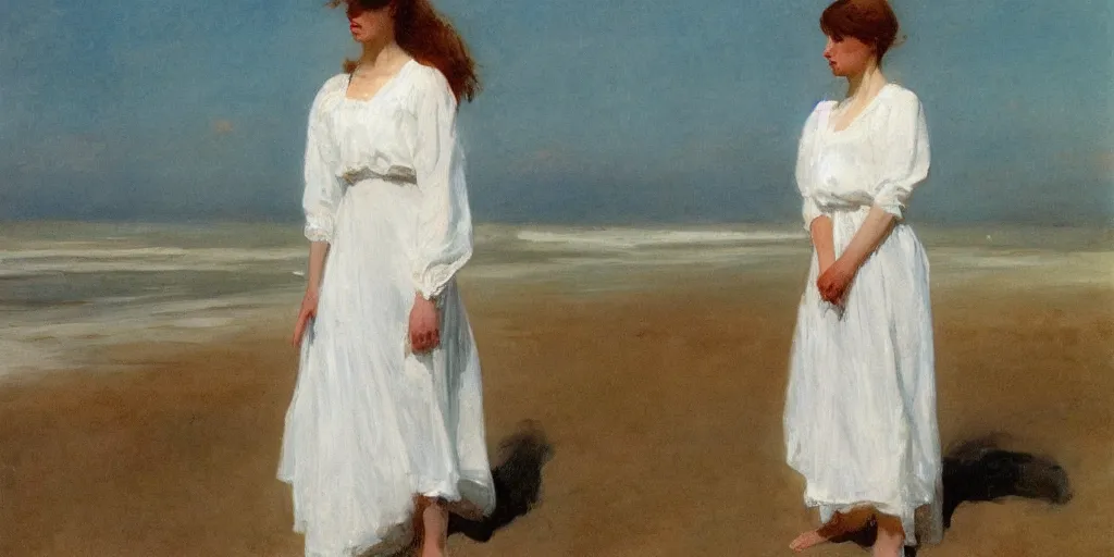 Image similar to A young Edwardian woman wearing a white dress standing on a sandy beach in Sweden, in the style of Anders Zorn