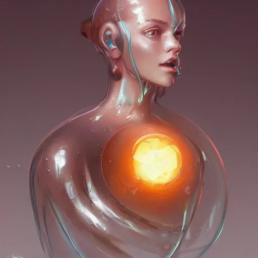 Prompt: transparent goo with a mouth and eyes, it have round burning bomb inside, highly detailed, digital painting, artstation, concept art, matte, sharp focus, illustration, art by Artgerm and Greg Rutkowski and Alphonse Mucha