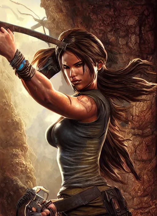 Image similar to Lara Croft as Tomb raider, intricate details, art by Artgerm and Karol Bak