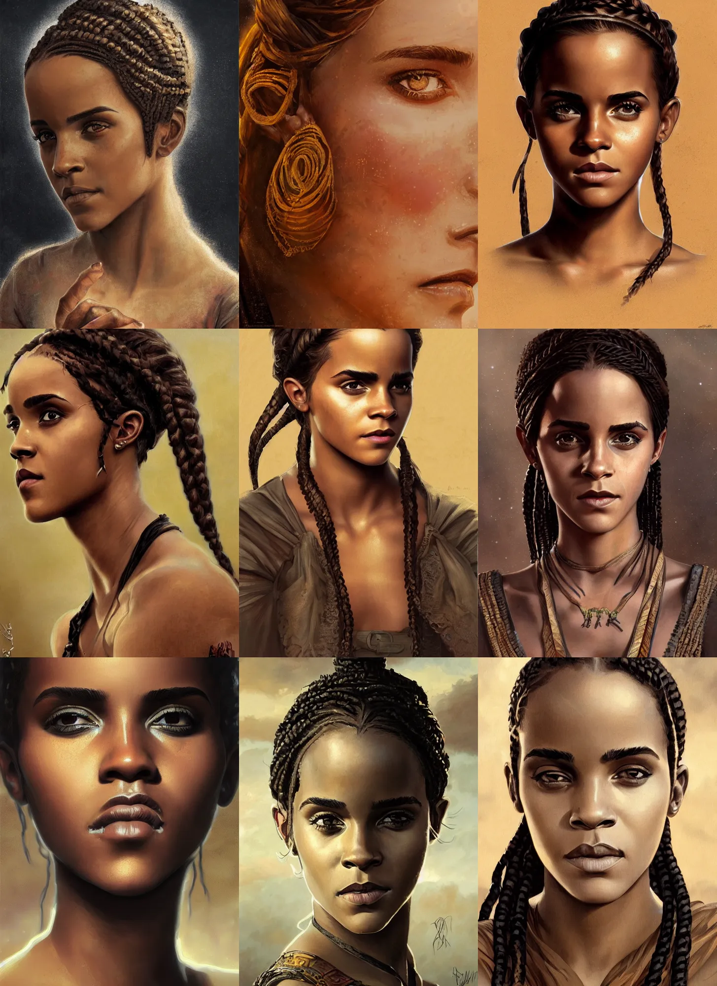 Prompt: black african emma watson portrait close - up, cornrows braids, dusty background, intricate, elegant, highly detailed, digital painting, artstation, concept art, smooth, sharp focus, illustration, art by aleksi briclot and greg rutkowski and alphonse mucha