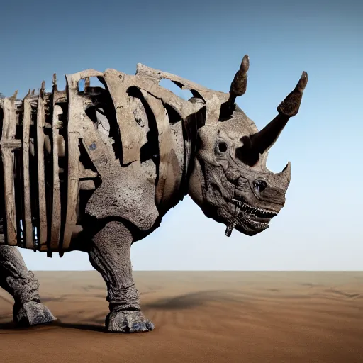 Prompt: a cinematic view of skeleton rhino made of old bones, true realistic image, detailed image