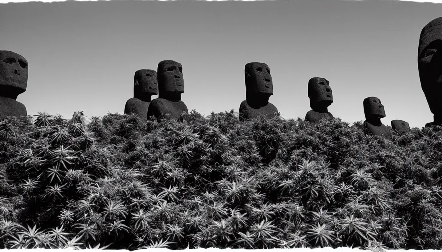 Image similar to black and white noir film. moai. cannabis plants everywhere.