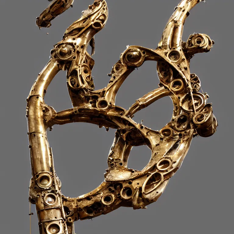 Prompt: studio photograph of biomechanical sculpture of the letter ( b )!!! made out of polished bronze and jewels, beautiful trending on artstation 8 k