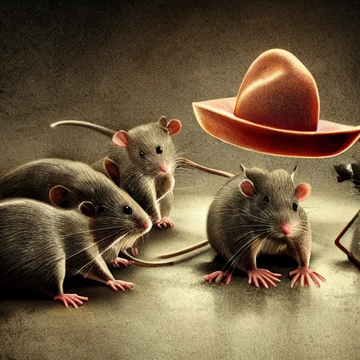 Image similar to large Rats eating a man in a hat, hyper realistic, hdr, cinematic