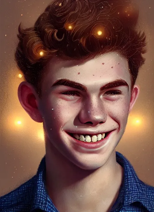 Image similar to portrait of teenage archie andrews, freckles, curly middle part haircut, curly hair, smiling kindly, friendly, 1 9 5 0 s, intricate, elegant, glowing lights, highly detailed, digital painting, artstation, concept art, smooth, sharp focus, illustration, art by wlop, mars ravelo and greg rutkowski