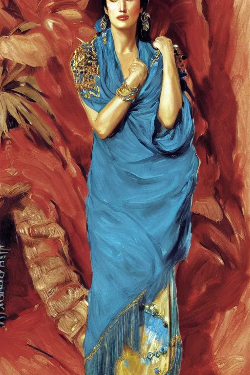 Image similar to monica bellucci as a persian girl with arabesque blue and golden detailed scarf near and mexican palms, painting by john singer sargent