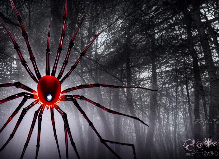 Prompt: ( white crystal - clear spider ) with ( huge red eyes ), in a ( foggy glowing forest ). highly detailed 8 k. intricate. lifelike. soft light. fantasy horror style. cinematic post - processing, dof.