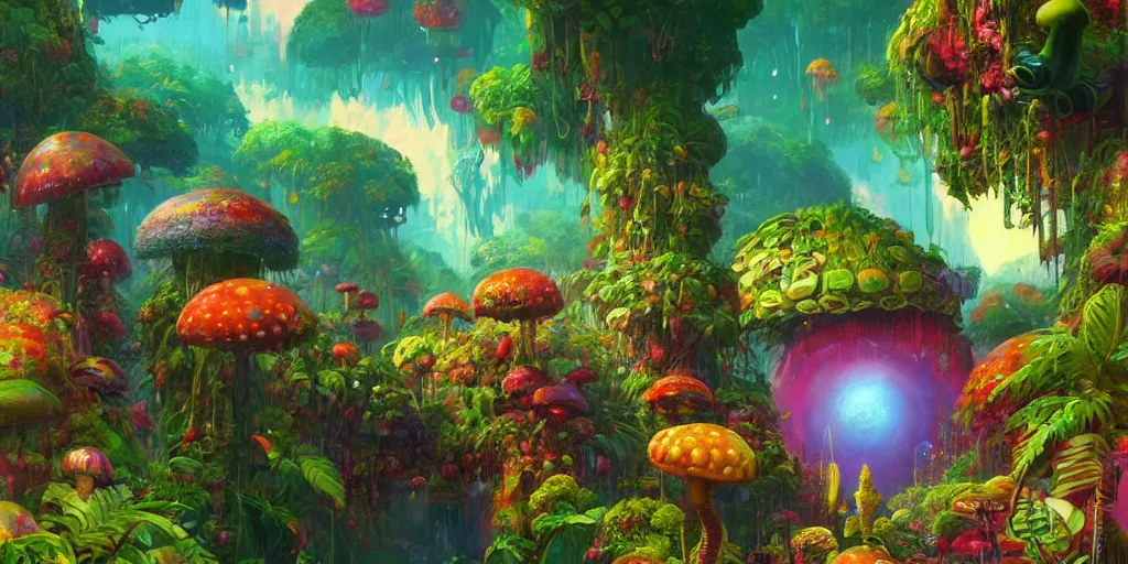 Prompt: ”jungle on an alien planet with massive flowers, fruits and mushrooms, [colorful, side view, wide angle, cinematic, art by wlop and paul lehr]”