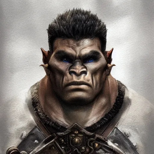 Image similar to portrait of a half orc by ayami kojima, he is about 2 0 years old, russian, manly, straight jaw, short brown hair, strong, friendly, and he is wearing a modern tactical gear, scifi, highly detailed portrait, digital painting, artstation, concept art, smooth, sharp foccus ilustration, artstation hq