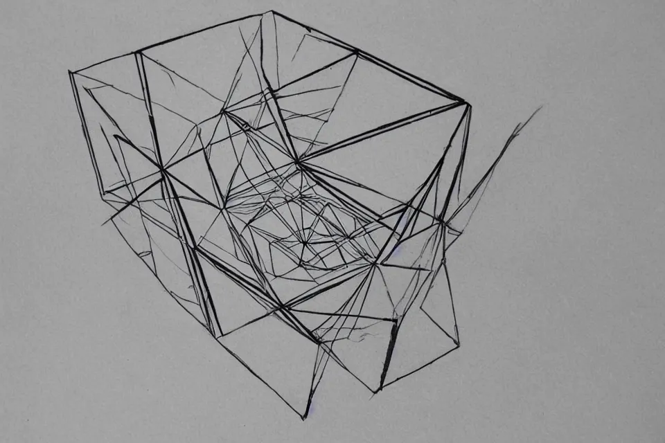 Image similar to geometric anamorphic drawing of a tesseract