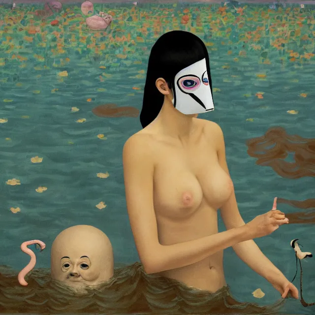 Prompt: tall female emo artist wearing a pig mask in her flooded apartment, mushrooms, octopus, water gushing from ceiling, painting of flood waters inside an artist's apartment, a river flooding indoors, pomegranates, ikebana, zen, rapids, waterfall, black swans, canoe, berries, acrylic on canvas, surrealist, by magritte and monet