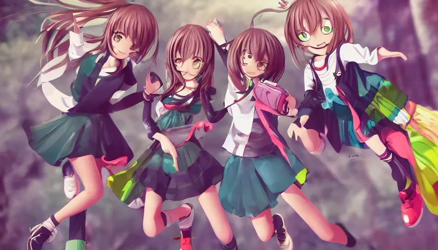 Image similar to three cute anime characters jumping, colorful outfits, realistic face, detailed face, detailed eyes, short miniskirts, lightly dressed, ultra detailed digital art, hyper real, detailed, group photo, ultra detailed, ground up angle