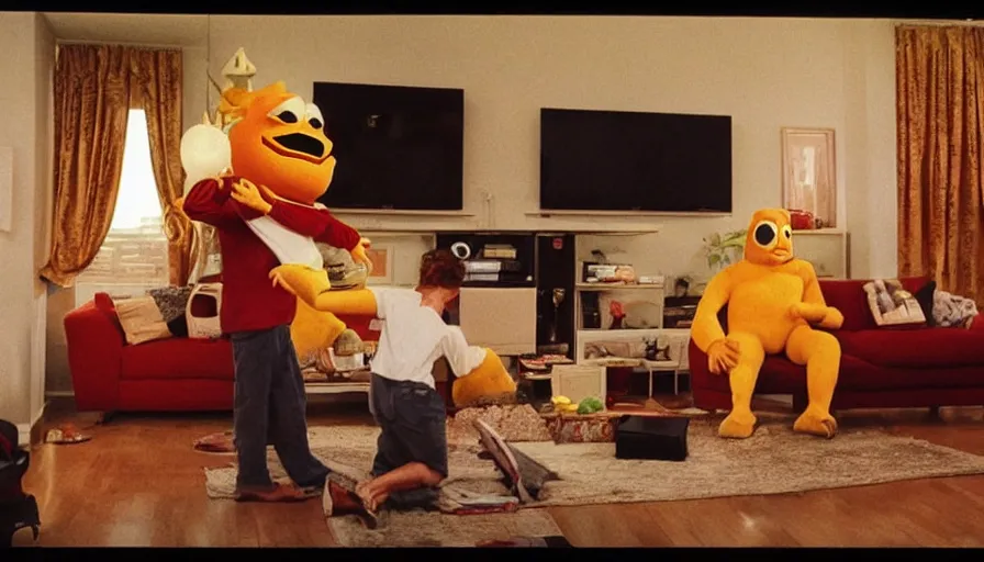 Image similar to 1990s candid 35mm photo of a beautiful day in the living room, cinematic lighting, cinematic look, golden hour, a very large, oversized magical salesman mascot creature is hanging out of the TV and trying to sell the family and kids a car, salesman mascot creature is a very large giant, there is an expensive sports car in the living room, magical portal energy is coming out of the TV, UHD