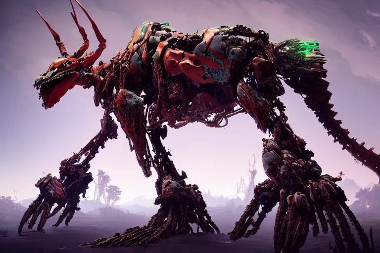 Image similar to a hyper detailed fanghorn evangelion realistic mechanical and organic creature similar look as horizon forbidden west horizon zero dawn, bioluminiscence in a dark deep forest at dawn in spring, with reflection and textures, by kilian eng, substance painter reaslitic mech surface metal painted scratches,