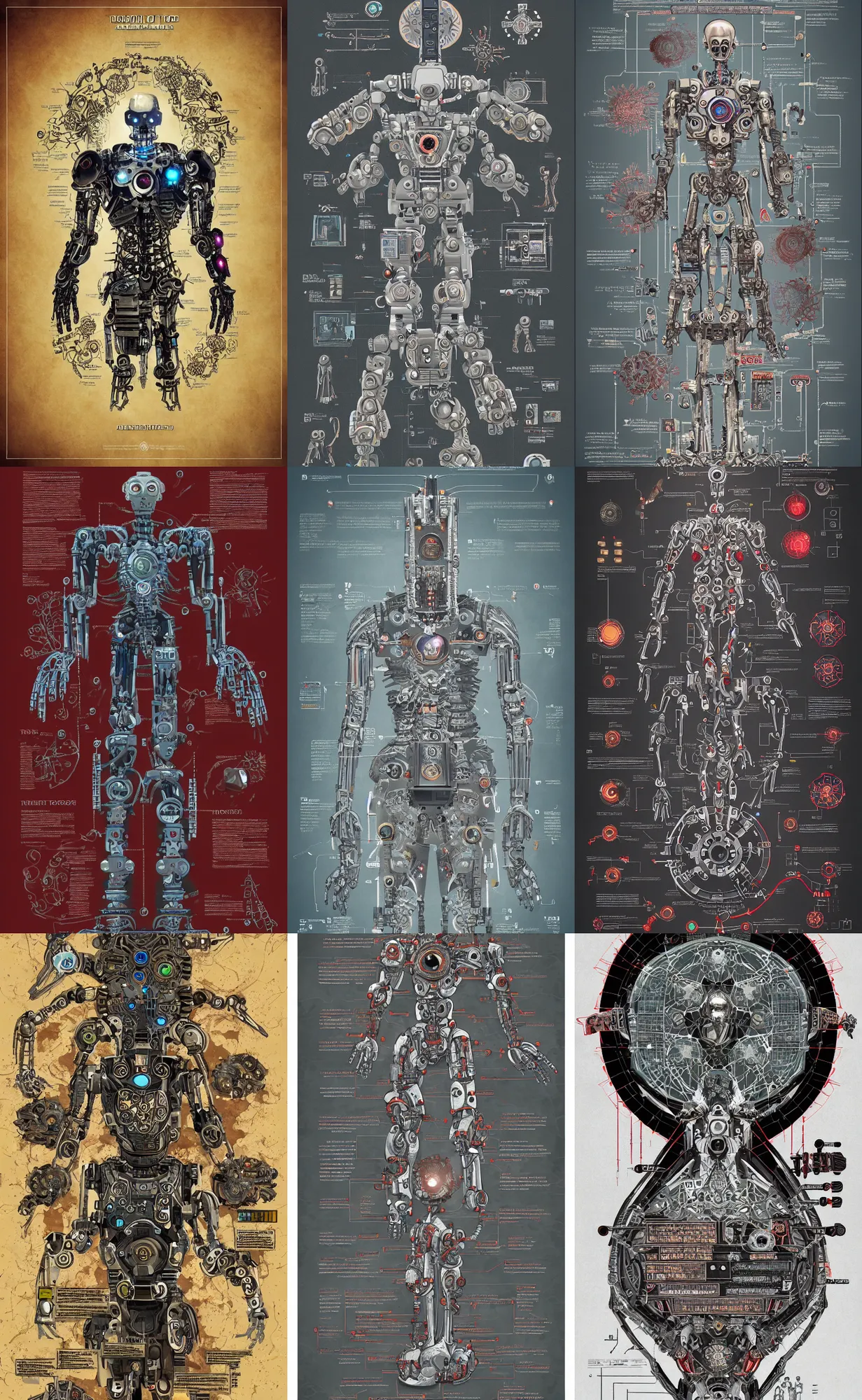 Prompt: anatomy of the terminator, robot, cyborg, t 1 0 0, arc reactor, bloodborne diagrams, mystical, intricate ornamental tower floral flourishes, rule of thirds, technology meets fantasy, map, infographic, concept art, art station, style of wes anderson