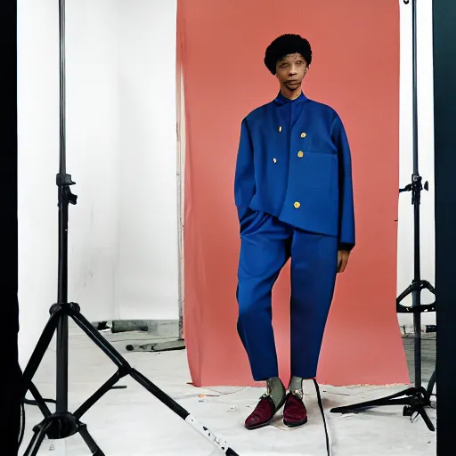 Image similar to realistic photoshooting for a new balenciaga lookbook, color film photography, portrait of a beautiful woman, set design by wes anderson, in style of Tyler Mitchell, 35mm,