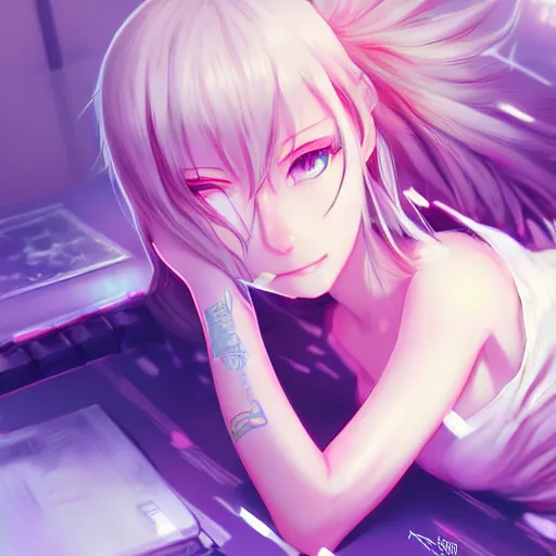 Image similar to digital anime art!!, gamer girl bedroom sleeping desk, wlop, rossdraws, artgerm, ross tran