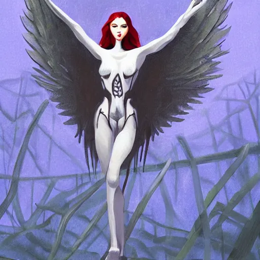 Prompt: modern Angel standing in the front of a forest . Angel is wearing an armor. angel is draped with bones. Digital painting. Art station. Mood lighting. Skindness, highly detailed, concept art, intricate, sharp focus, man ray - h 1200