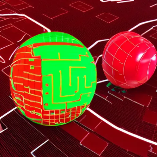 Prompt: circuitboard spheres on a red cube