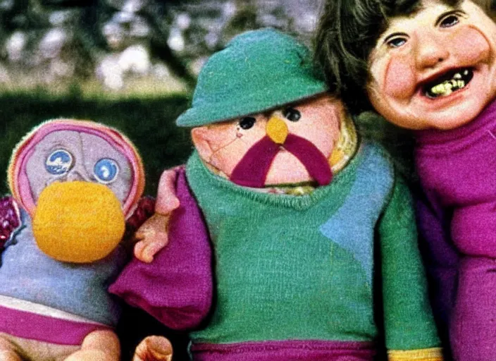 Prompt: a still from a 1 9 8 0 s british children ’ s tv programme by oliver postgate, vhs distortion