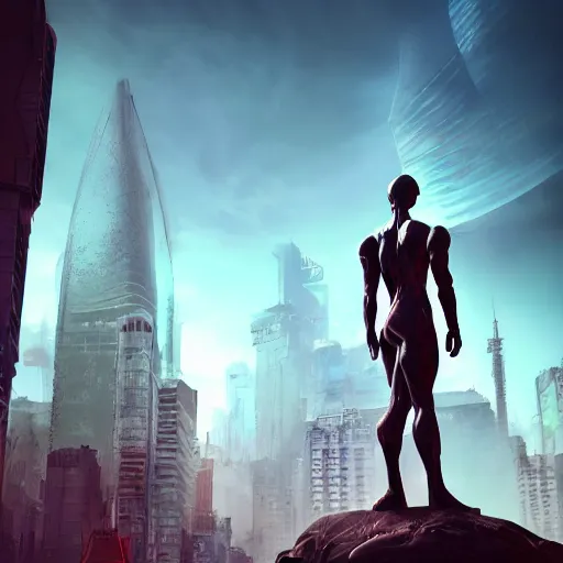 Image similar to a hyper real comic book style portait painting of a stone statue of an alien in a futuristic city in the background, unreal 5, hyperrealistic, octane render, cosplay, rpg portrait, dynamic lighting