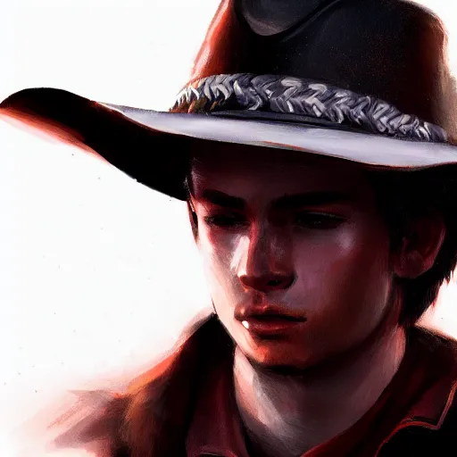 Image similar to a portrait of a teenager with an American cowboy hat, D&D, sci-fi, elegant, hopeful, muscular, highly detailed, digital painting, artstation, concept art, smooth, sharp focus, illustration