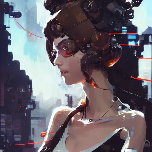 Prompt: highly detailed portrait of a stunning post-cyberpunk robotic young lady with long wavy hair by Dustin Nguyen, Akihiko Yoshida, Greg Tocchini, Greg Rutkowski, Cliff Chiang, 4k resolution, persona 5 inspired, vibrant orange ,brown, white and black color scheme with stray wiring