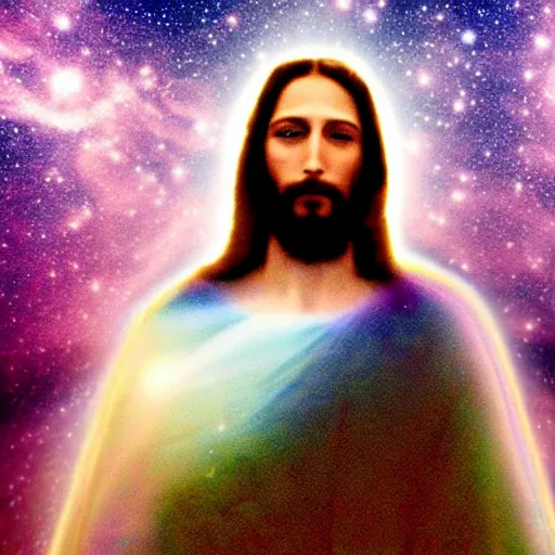 Image similar to ethereal photo of Jesus, galaxies in the background