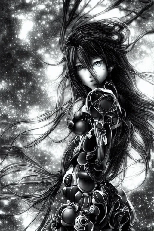 Image similar to a vertical portrait of a character in a scenic environment by Yoshitaka Amano, black and white, dreamy, cybernetic suit, wavy long black hair, highly detailed